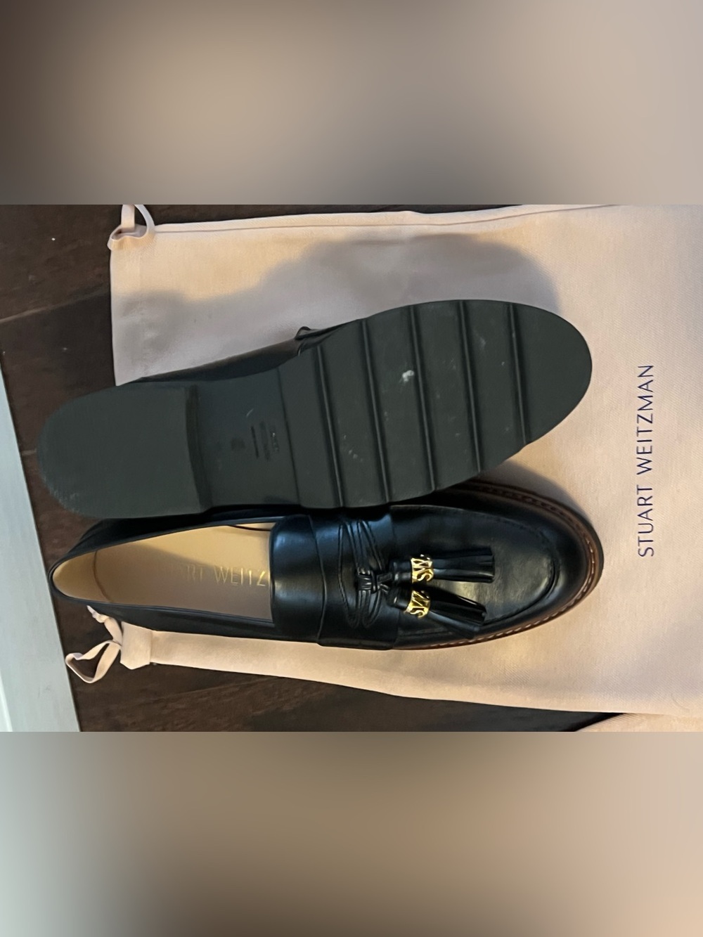 Stuart Weitzman Black Leather Tassel Slip-On Loafers